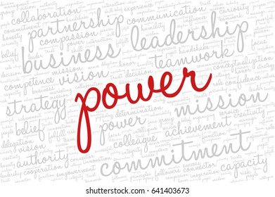 Conceptual vector of tag cloud containing words related to creativity, positive thinking, confidence, enthusiasm, imagination, inspiration, potential, optimism... Word "power" emphasized.
