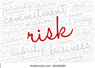 Conceptual vector of tag cloud containing words related to creativity, positive thinking, confidence, enthusiasm, imagination, inspiration, potential, optimism... Word "risk" emphasized.