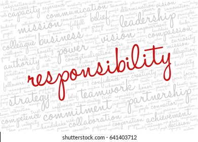 Conceptual vector of tag cloud containing words related to creativity, positive thinking, confidence, enthusiasm, imagination, inspiration, potential, optimism... Word "responsibility" emphasized.