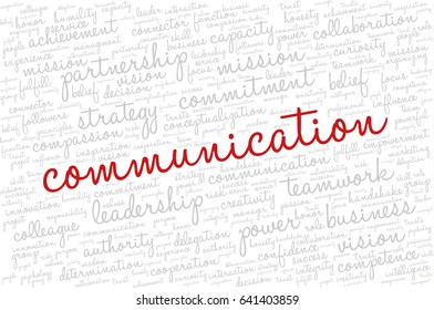 Conceptual vector of tag cloud containing words related to creativity, positive thinking, confidence, enthusiasm, imagination, inspiration, potential, optimism... Word "communication" emphasized.