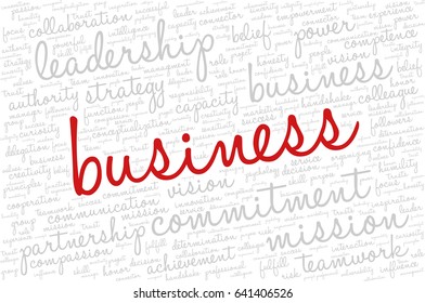 Conceptual vector of tag cloud containing words related to creativity, positive thinking, confidence, enthusiasm, imagination, inspiration, potential, optimism... Word "business" emphasized.