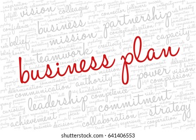 Conceptual vector of tag cloud containing words related to creativity, positive thinking, confidence, enthusiasm, imagination, inspiration, potential, optimism... Words "business plan" emphasized.