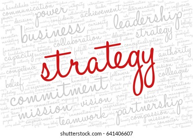 Conceptual vector of tag cloud containing words related to creativity, positive thinking, confidence, enthusiasm, imagination, inspiration, potential, optimism... Word "strategy" emphasized.