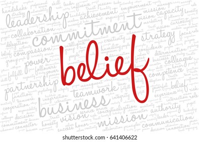 Conceptual vector of tag cloud containing words related to creativity, positive thinking, confidence, enthusiasm, imagination, inspiration, potential, optimism... Word "belief" emphasized.