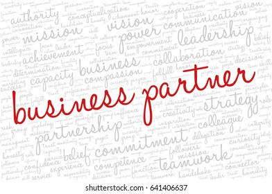 Conceptual vector of tag cloud containing words related to creativity, positive thinking, confidence, enthusiasm, imagination, inspiration, potential, optimism... Words "business partner" emphasized.