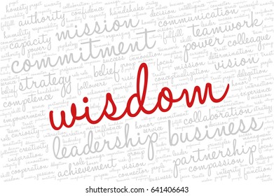 Conceptual vector of tag cloud containing words related to creativity, positive thinking, confidence, enthusiasm, imagination, inspiration, potential, optimism... Word "wisdom" emphasized.