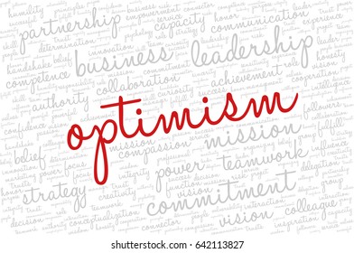Conceptual vector of tag cloud containing words related to creativity, positive thinking, confidence, enthusiasm, imagination, inspiration, potential, optimism... Word "optimism" emphasized.