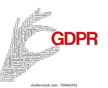 Conceptual vector of tag cloud containing words related to data protection, security policy and privacy; in shape of hand holding word "GDPR", illustrating EU law on data privacy