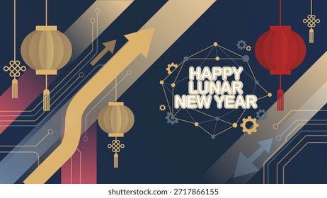 Un Vector conceptual que celebra el Feliz Año Nuevo Lunar al tiempo que destaca temas de éxito empresarial e innovación tecnológica. Colocado sobre un fondo azul oscuro con Gradientes de color dinámico
