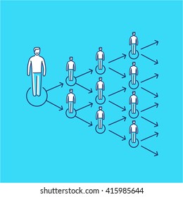 Conceptual vector viral marketing icon that spreads exponentially and increased to multiply customers group | modern flat design business linear illustration and infographic concept on blue background