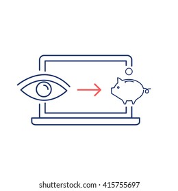 Conceptual vector of web page impression or pay per click ppc icon with computer pig and eye | modern flat design business linear illustration and infographic concept red and blue on white background