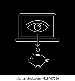 Conceptual vector web page impression or ppc icon of eye on laptop screen changes in to money. flat design marketing and business linear illustration and infographic concept white on black background
