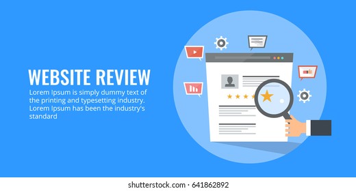 Conceptual Vector For Website Review, Rating, And Audit With Icons. Flat Banner Isolated On Blue Background