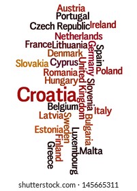 Conceptual vector of word cloud containing names of 28 countries forming the European Union with Croatia emphasized due to its joining the EU in July 2013. Also available as raster.