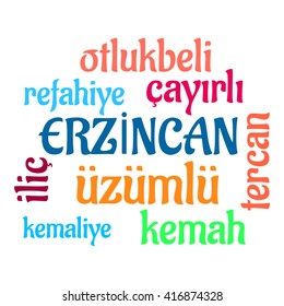 Conceptual vector of word cloud of Erzincan cities and towns in Turkey. The words are spread randomly, independent from real locations - Eps10 Vector and illustration