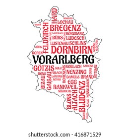 Conceptual vector of word cloud of Vorarlberg cities and towns in Austria. The words are spread randomly, independent from real locations - Eps10 Vector and illustration