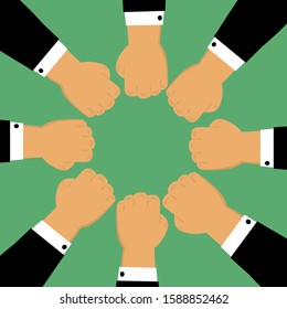 Conceptual vector of working group people placing hands together as a sign of partnership and unity.