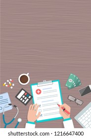 Conceptual vertical banner, flat design. Workplace of doctor, hands fill out insurance and medical attributes, top view. Vector illustration.
