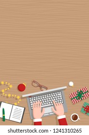 Conceptual vertical Christmas flat banner. Santa Claus workshop
