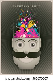 Conceptual vintage illustration with comic guy and expressive abstraction on the top of his head. Vector illustration.