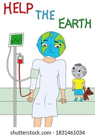 Conceptual vision of the child's environmental problems of the planet, the boy-Moon sympathizes with the sick mother-Earth, vector made as child's drawing