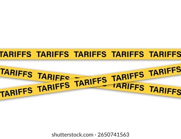 Fita de advertência conceptual com o texto TARIFFS em letras negras e a negrito, simbolizando o conflito econômico ou a tributação. Fita de aviso de tarifa. Conceito de restrição comercial. Símbolo de conflito econômico.