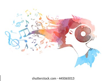 Conceptual watercolor background of a woman's vinyl head , hair turning into musical notes ,Vector