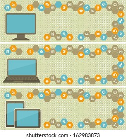 Conceptual web banners with different devices and Internet icons in hexagons