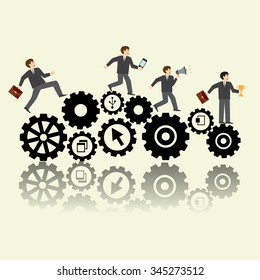  Conceptual web illustration of business people on cog wheels.