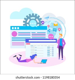 Conceptual web seo illustration. Teamwork project, web agency concept. Vector illustration for web banner, social media, cards and posters.