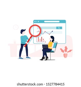 Conceptual web SEO Optimization flat illustration. Landing page for stylish website. Teamwork project, web agency or male young employee and new company project. Sticker for web banner.
