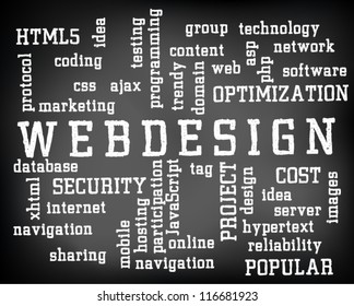 Conceptual webdesign word cloud written on black chalkboard and white  chalk. Presentation template. Vector Illustration.