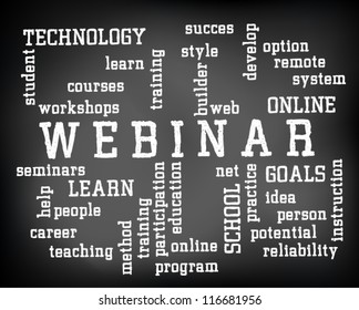 Conceptual webinar word cloud written on black chalkboard and white chalk. Presentation template. Vector Illustration.