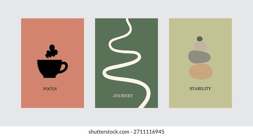 Poster de bem-estar conceitual Definir foco, Jornada e Estabilidade Arte Minimalista