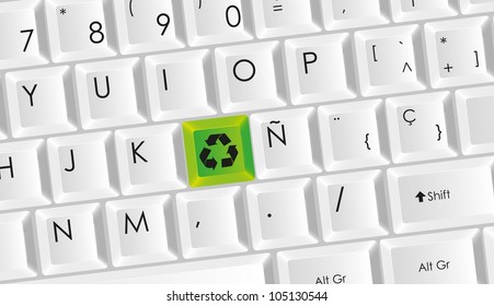 conceptual white keyboard with letters in black with green recycle button, vector illustration