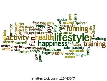 Conceptual word cloud containing words related to healthy lifestyle. Also available as raster.