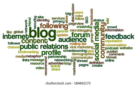 Conceptual word cloud containing words related to social media, marketing, blogs, social networks and Internet
