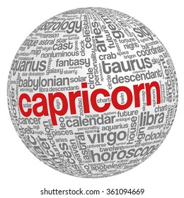 Conceptual word cloud containing words related to zodiac, astrology and horoscope, with sign capricorn emphasized, in shape of a sphere