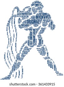 Conceptual word cloud containing words related to personal positive and negative traits and characteristics of zodiac sign Aquarius, in shape of aquarius