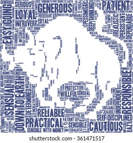 Conceptual word cloud containing words related to personal positive and negative traits and characteristics of zodiac sign Taurus, in shape of a bull
