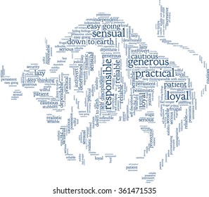 Conceptual word cloud containing words related to personal positive and negative traits and characteristics of zodiac sign Taurus, in shape of a bull
