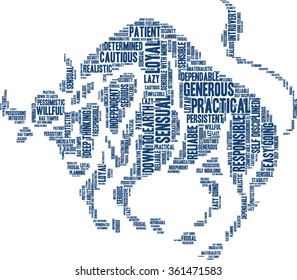 Conceptual word cloud containing words related to personal positive and negative traits and characteristics of zodiac sign Taurus, in shape of a bull