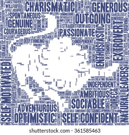 Conceptual word cloud containing words related to personal positive and negative traits and characteristics of zodiac sign Leo, in shape of a lion