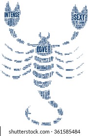 Conceptual word cloud containing words related to personal positive and negative traits and characteristics of zodiac sign Scorpio, in shape of a scorpion