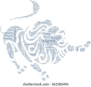 Conceptual word cloud containing words related to personal positive and negative traits and characteristics of zodiac sign Leo, in shape of a lion