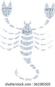 Conceptual word cloud containing words related to personal positive and negative traits and characteristics of zodiac sign Scorpio, in shape of a scorpion