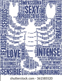 Conceptual word cloud containing words related to personal positive and negative traits and characteristics of zodiac sign Scorpio, in shape of a scorpion