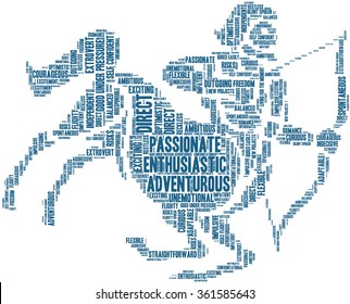 Conceptual word cloud containing words related to personal positive and negative traits and characteristics of zodiac sign Sagittarius, in shape of a archer on horse