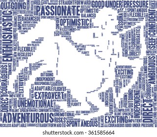 Conceptual word cloud containing words related to personal positive and negative traits and characteristics of zodiac sign Sagittarius, in shape of a archer on horse