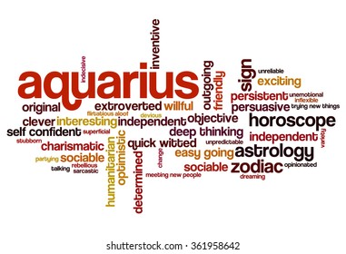 Conceptual word cloud containing words related to personal positive and negative traits and characteristics of zodiac sign Aquarius